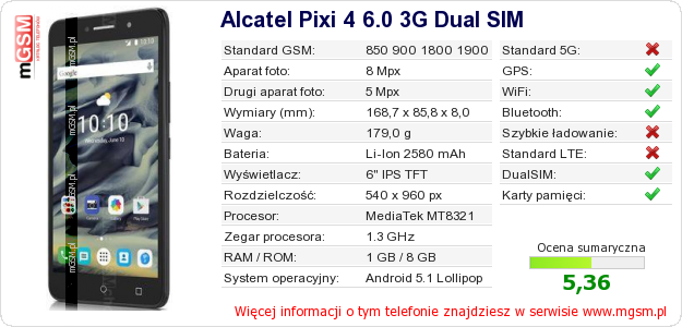 Dane telefonu Alcatel Pixi 4 6.0 3G Dual SIM