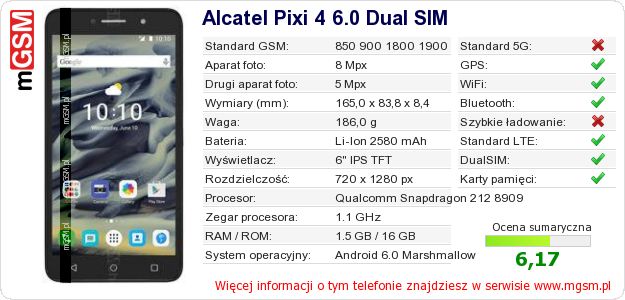 Dane telefonu Alcatel Pixi 4 6.0 Dual SIM