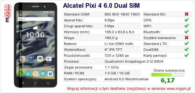 Dane telefonu Alcatel Pixi 4 6.0 Dual SIM