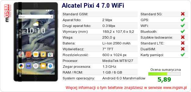 Dane telefonu Alcatel Pixi 4 7.0 WiFi
