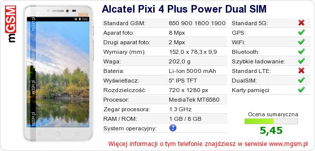 Dane telefonu Alcatel Pixi 4 Plus Power Dual SIM Dane telefonu Alcatel Pixi 4 Plus Power Dual SIM