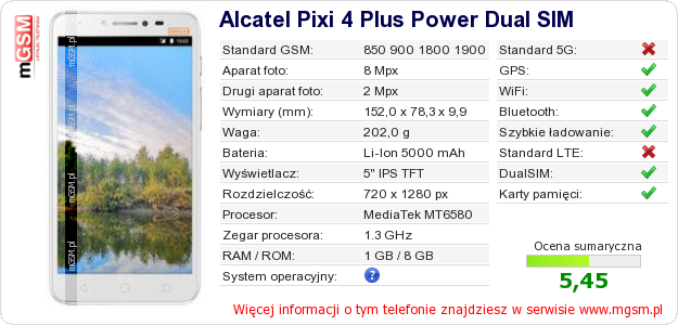 Dane telefonu Alcatel Pixi 4 Plus Power Dual SIM