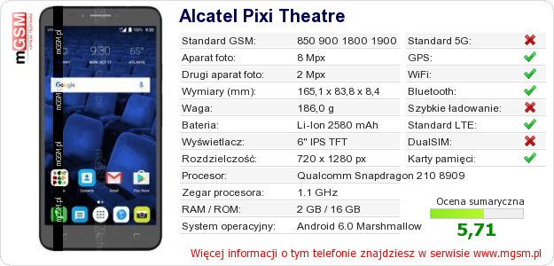 Dane telefonu Alcatel Pixi Theatre