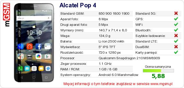 Dane telefonu Alcatel Pop 4 Dane telefonu Alcatel Pop 4