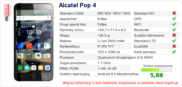 Dane telefonu Alcatel Pop 4