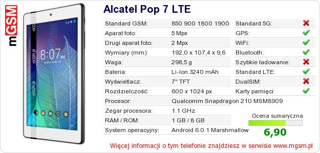 Dane telefonu Alcatel Pop 7 LTE