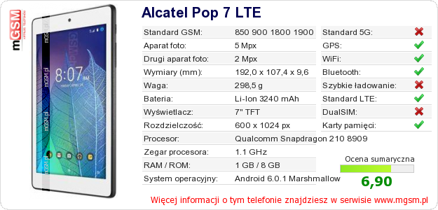 Dane telefonu Alcatel Pop 7 LTE