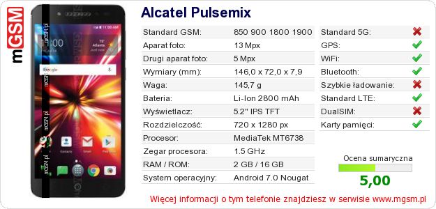 Dane telefonu Alcatel Pulsemix Dane telefonu Alcatel Pulsemix