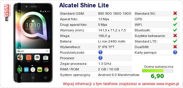 Dane telefonu Alcatel Shine Lite