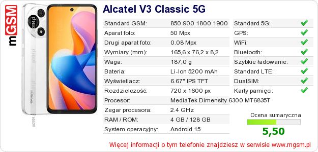 Dane telefonu Alcatel V3 Classic 5G Dane telefonu Alcatel V3 Classic 5G