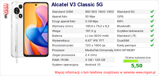 Dane telefonu Alcatel V3 Classic 5G