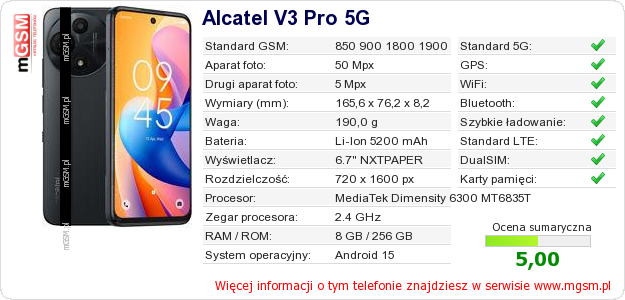Dane telefonu Alcatel V3 Pro 5G
