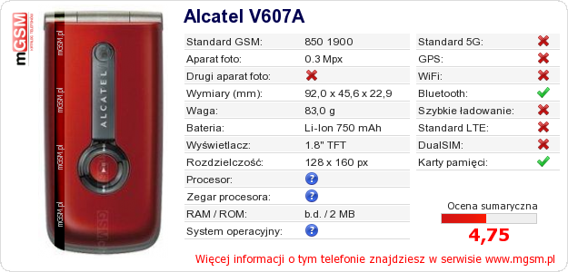 Dane telefonu Alcatel V607A Dane telefonu Alcatel V607A