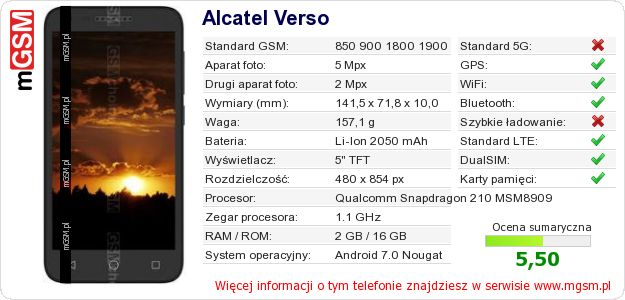 Dane telefonu Alcatel Verso