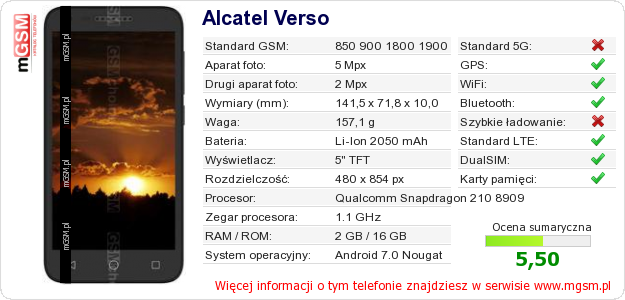 Dane telefonu Alcatel Verso