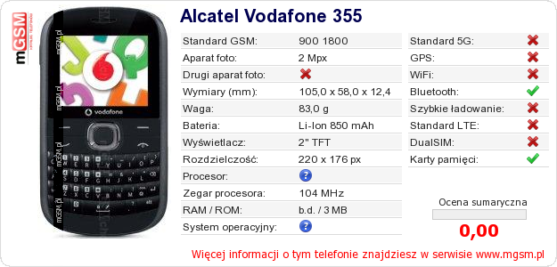 Dane telefonu Alcatel Vodafone 355