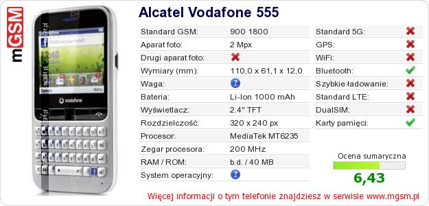 Dane telefonu Alcatel Vodafone 555