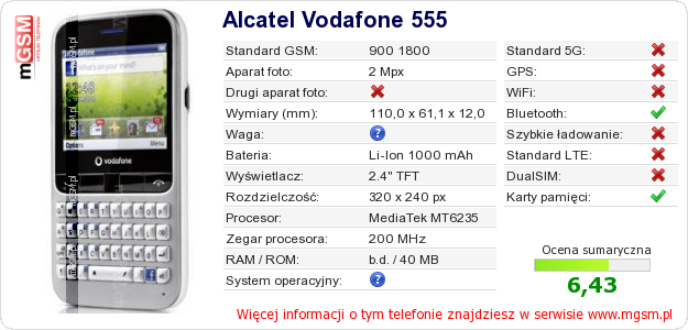 Dane telefonu Alcatel Vodafone 555