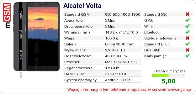 Dane telefonu Alcatel Volta