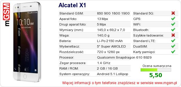 Dane telefonu Alcatel X1 Dane telefonu Alcatel X1