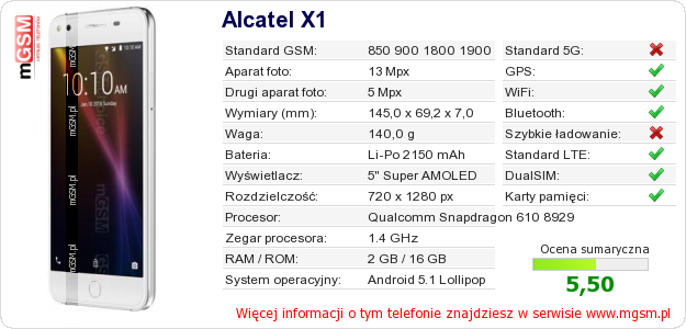Dane telefonu Alcatel X1
