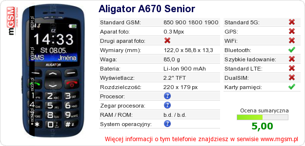 Dane telefonu Aligator A670 Senior Dane telefonu Aligator A670 Senior