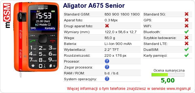 Dane telefonu Aligator A675 Senior