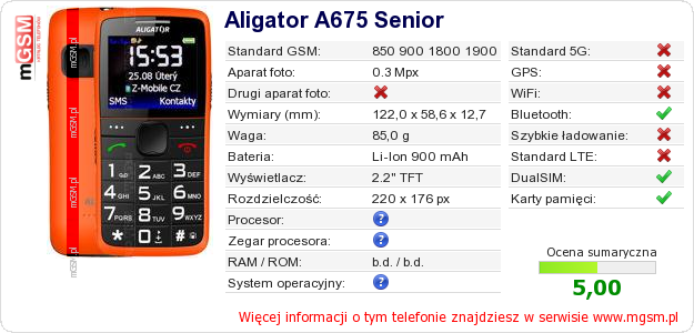 Dane telefonu Aligator A675 Senior Dane telefonu Aligator A675 Senior