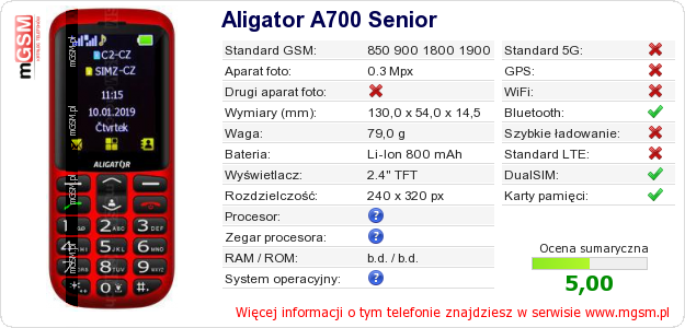 Dane telefonu Aligator A700 Senior