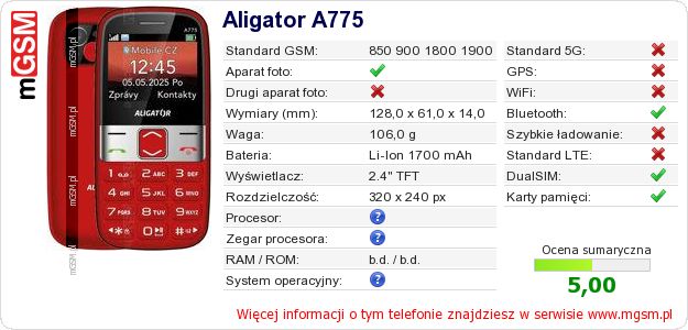 Dane telefonu Aligator A775