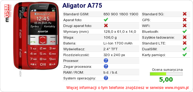 Dane telefonu Aligator A775
