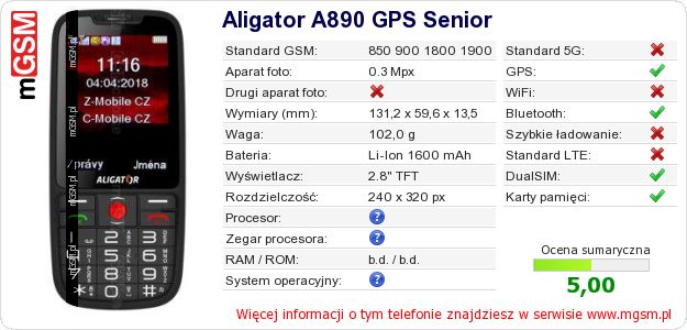 Dane telefonu Aligator A890 GPS Senior Dane telefonu Aligator A890 GPS Senior