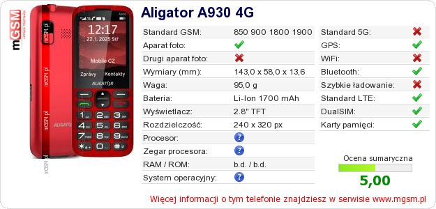 Dane telefonu Aligator A930 4G