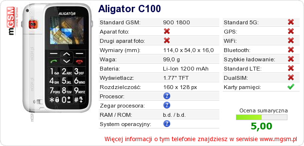 Dane telefonu Aligator C100
