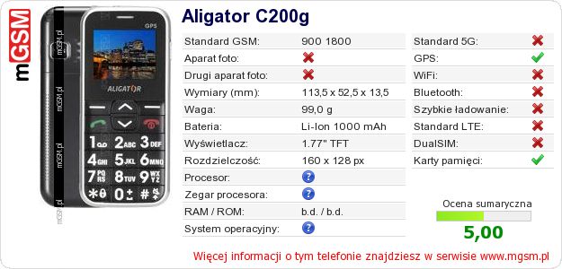 Dane telefonu Aligator C200g