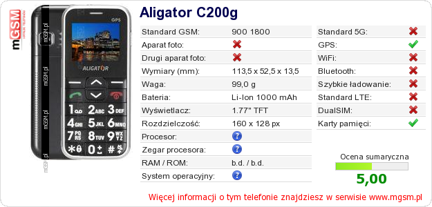Dane telefonu Aligator C200g