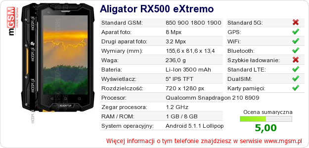 Dane telefonu Aligator RX500 eXtremo