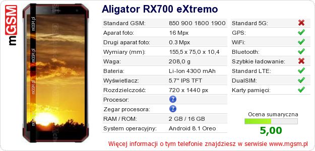 Dane telefonu Aligator RX700 eXtremo