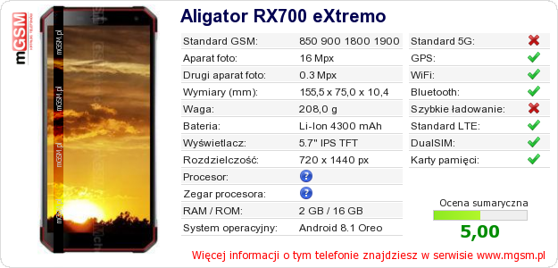 Dane telefonu Aligator RX700 eXtremo