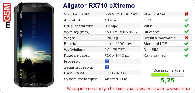 Dane telefonu Aligator RX710 eXtremo Dane telefonu Aligator RX710 eXtremo
