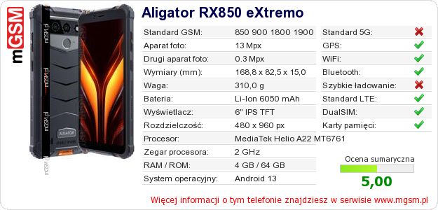 Dane telefonu Aligator RX850 eXtremo