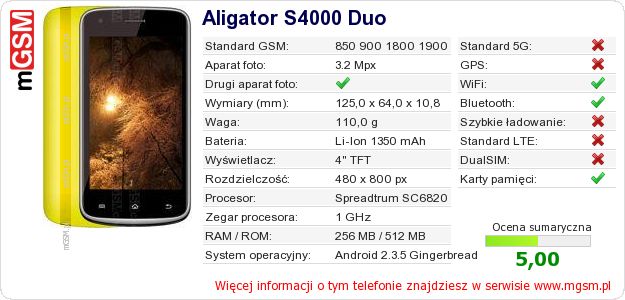 Dane telefonu Aligator S4000 Duo