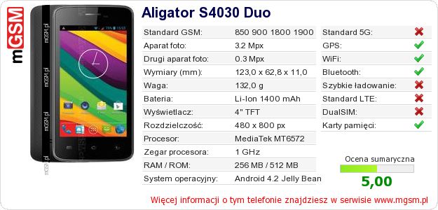 Dane telefonu Aligator S4030 Duo