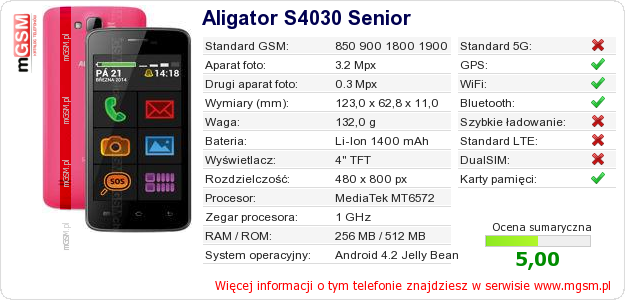 Dane telefonu Aligator S4030 Senior Dane telefonu Aligator S4030 Senior