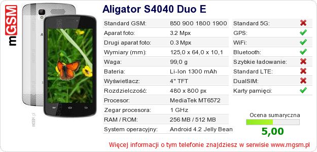 Dane telefonu Aligator S4040 Duo E