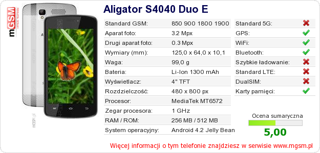 Dane telefonu Aligator S4040 Duo E Dane telefonu Aligator S4040 Duo E