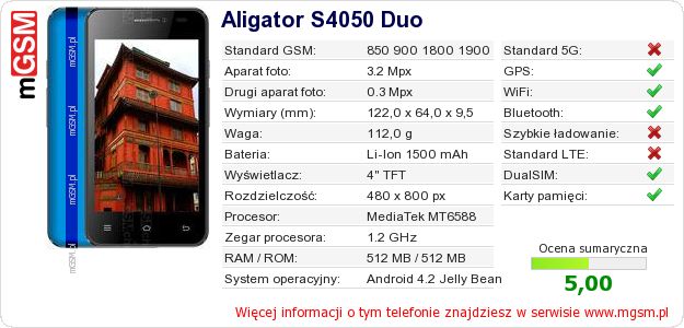 Dane telefonu Aligator S4050 Duo