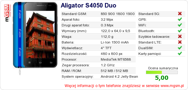 Dane telefonu Aligator S4050 Duo