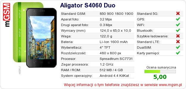 Dane telefonu Aligator S4060 Duo