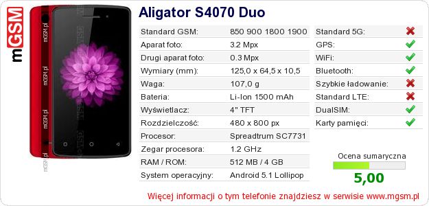 Dane telefonu Aligator S4070 Duo